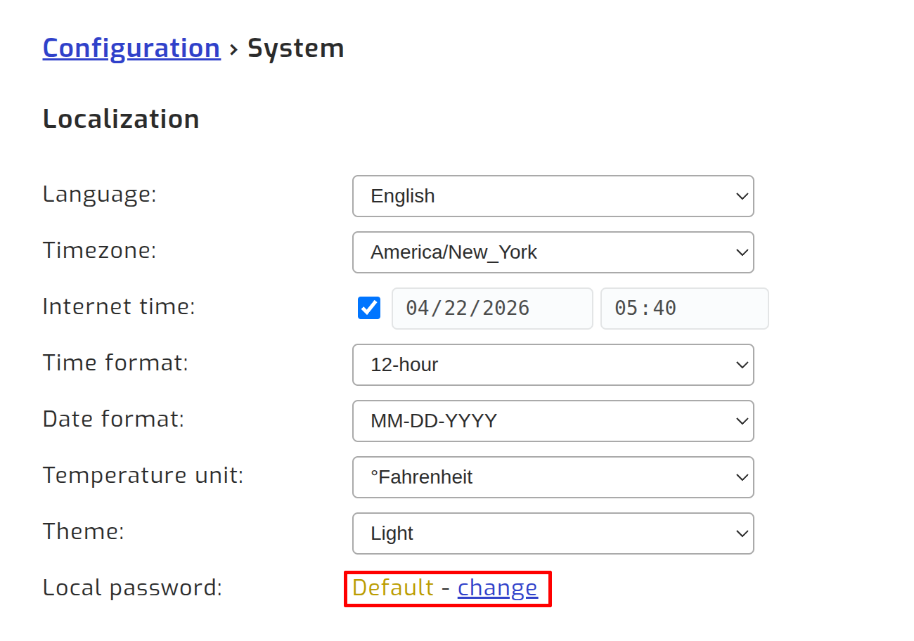Local password change link in Configuration > System