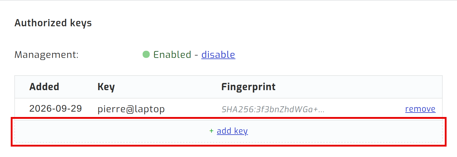 Authorized keys with the add key row