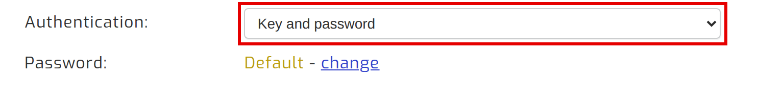 The authentication select and password row on the SSH page