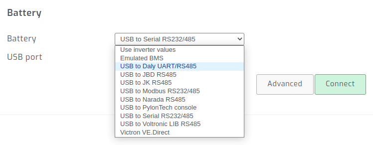 Daly BMS protocol selection