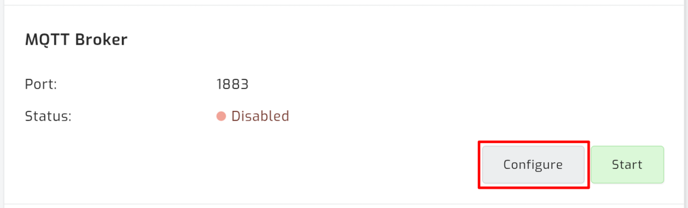 The MQTT Broker card on the configuration page, with the Configure button