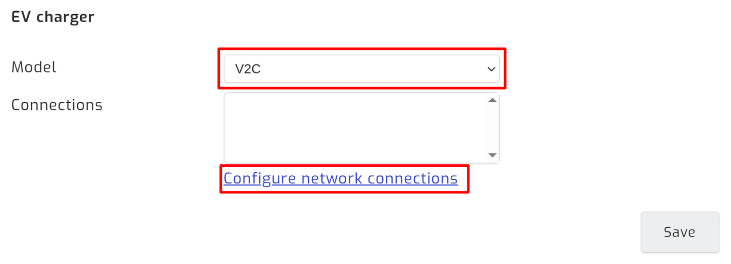 The EV charger section of the SolarAssistant configuration page, with V2C selected as the model