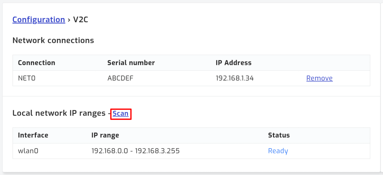 The network connections page after a scan, listing a charger's connection, serial number and IP address