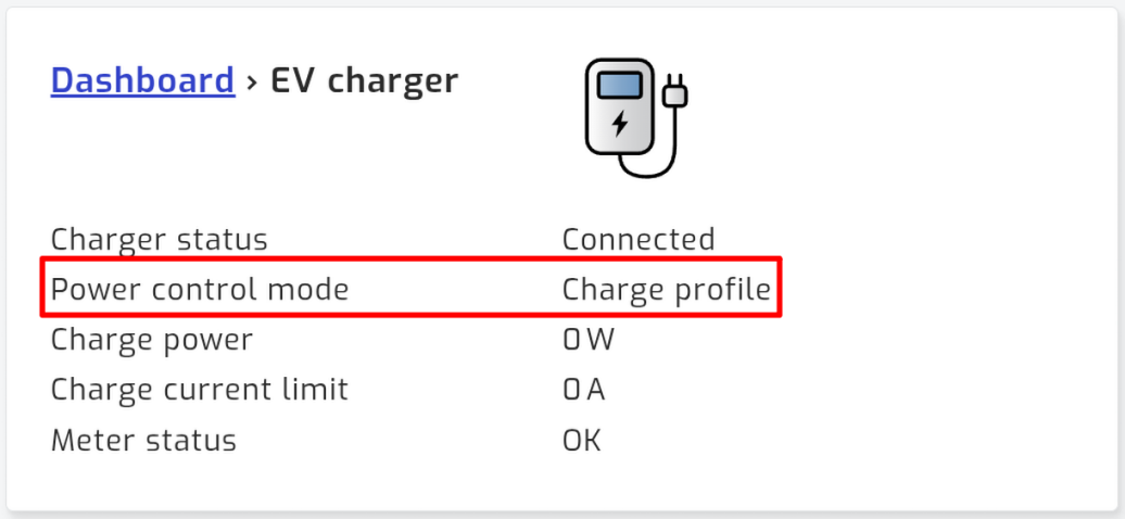 The EV charger status page, with the Power control mode row