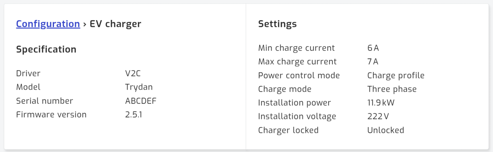 The EV charger settings page, showing the charger's specification and its settings