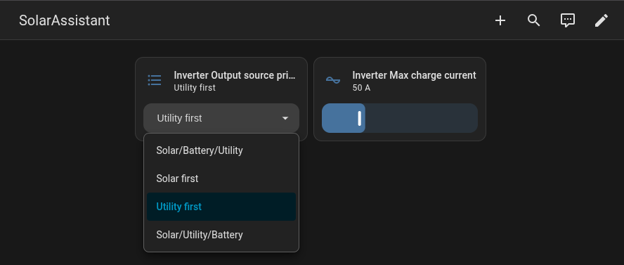 Output source priority and Max charge current controls on a Home Assistant dashboard