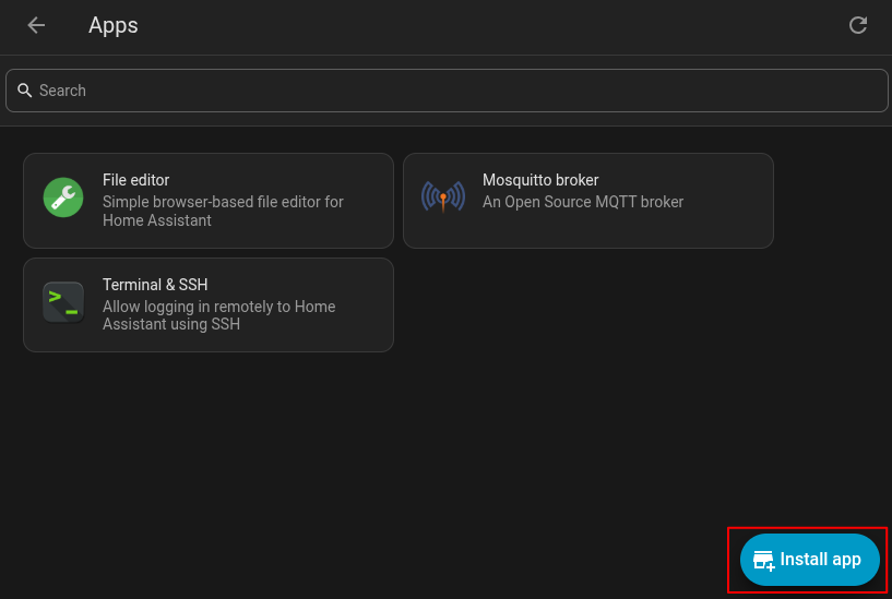 Install app button in the Home Assistant apps page