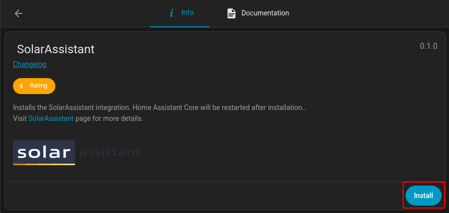 Install button on the SolarAssistant add-on page