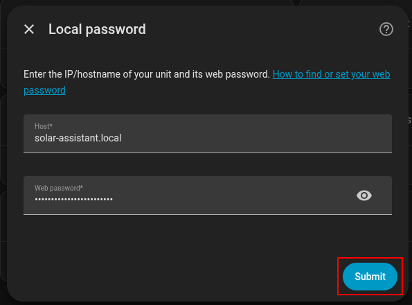 Local password dialog with the unit host and web password filled in
