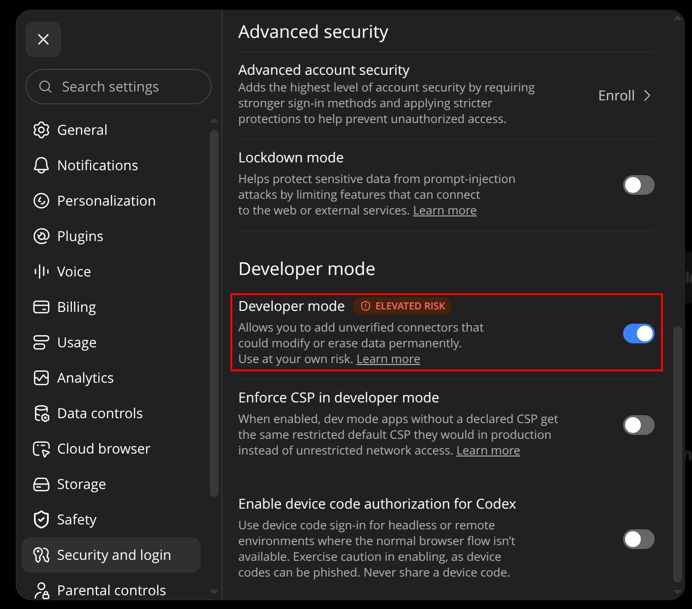 The Developer mode switch under Security and login in the ChatGPT settings