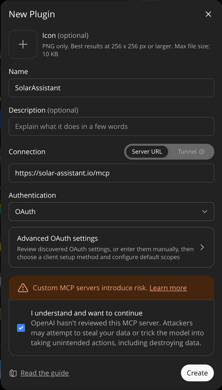 The New Plugin dialog with the SolarAssistant name and server URL filled in