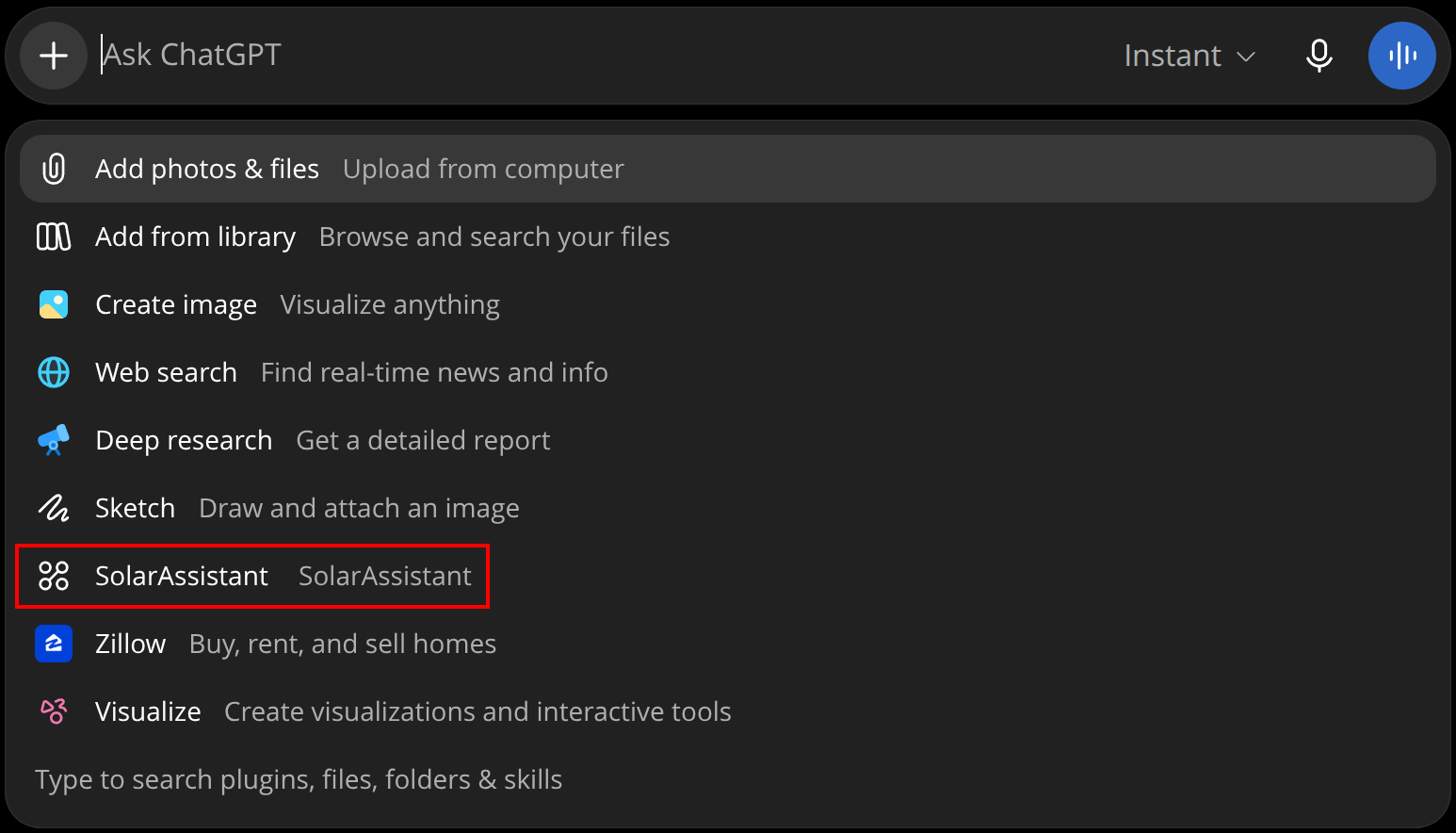 SolarAssistant in the menu next to the ChatGPT message box