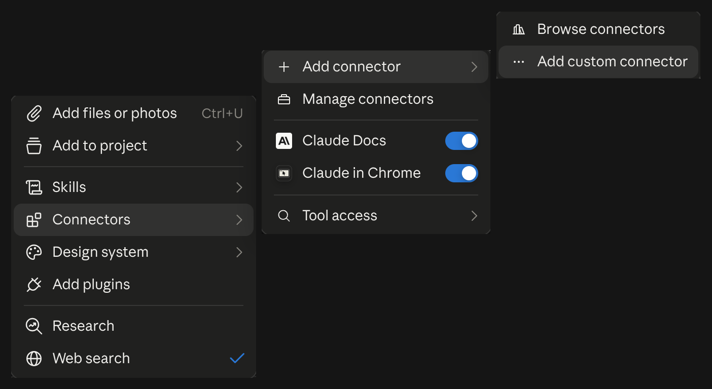 The Add custom connector option in the Claude connectors menu