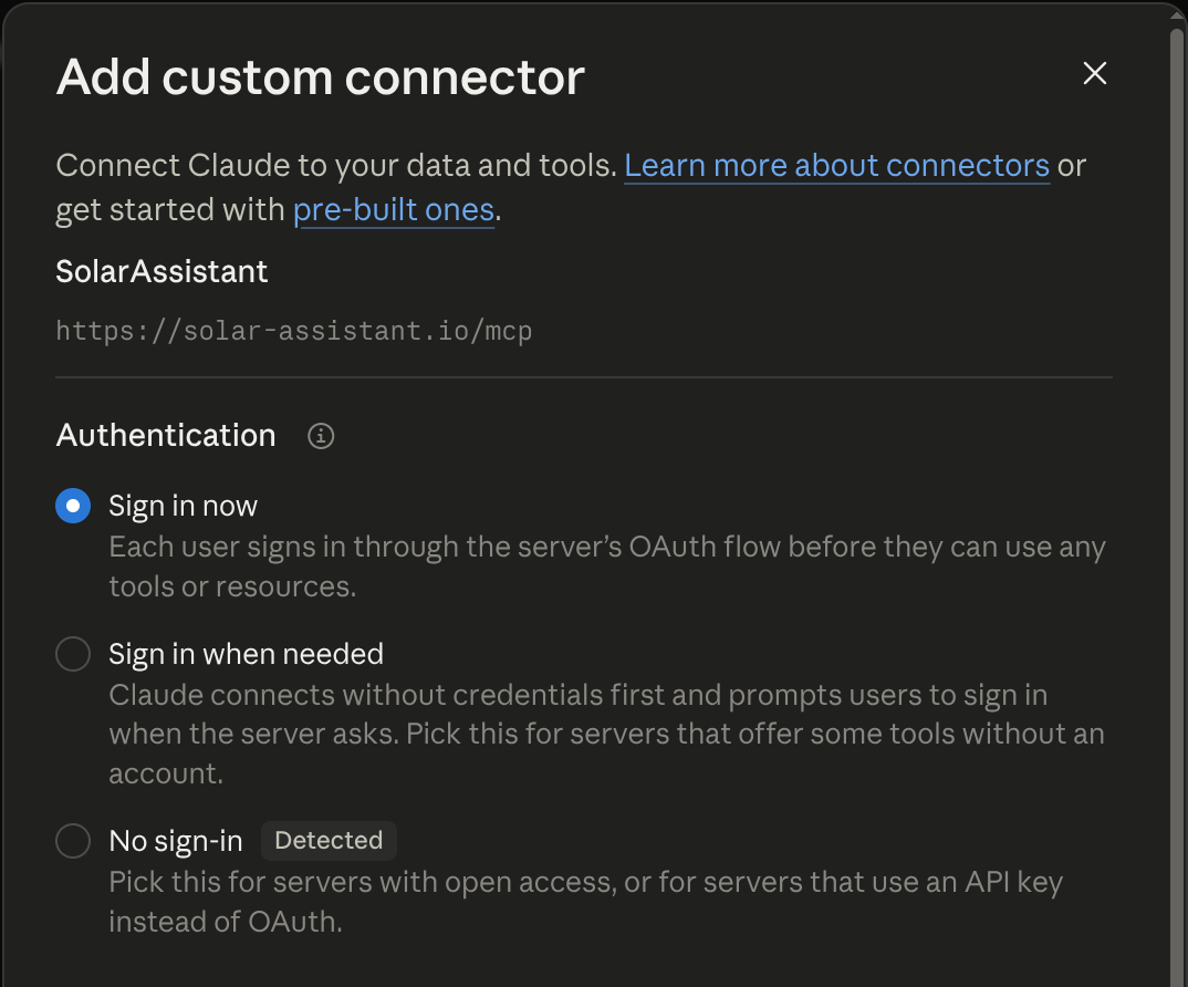 The Authentication options with Sign in now selected