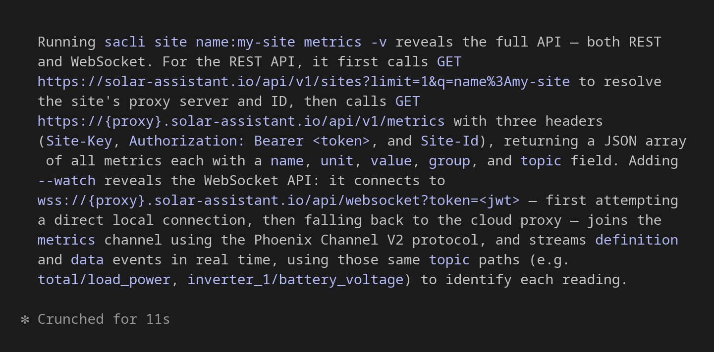 Claude Code exploring the SolarAssistant API