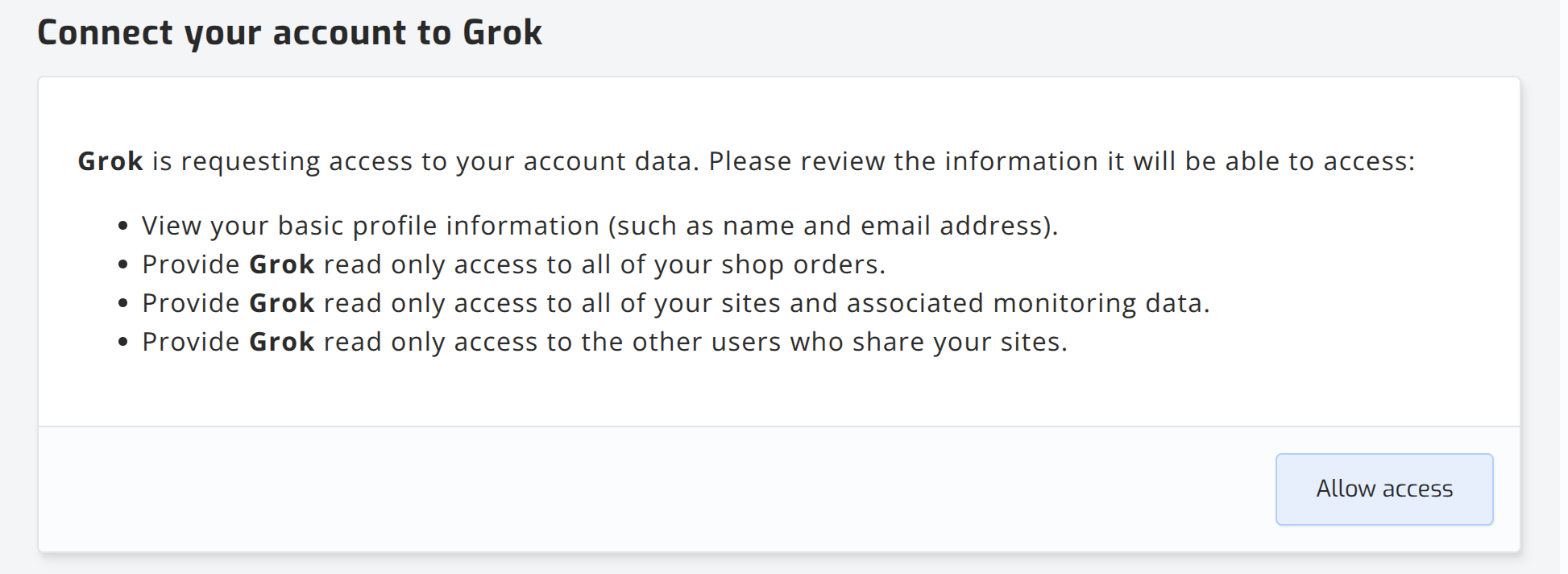 The SolarAssistant page asking you to allow Grok access to your account