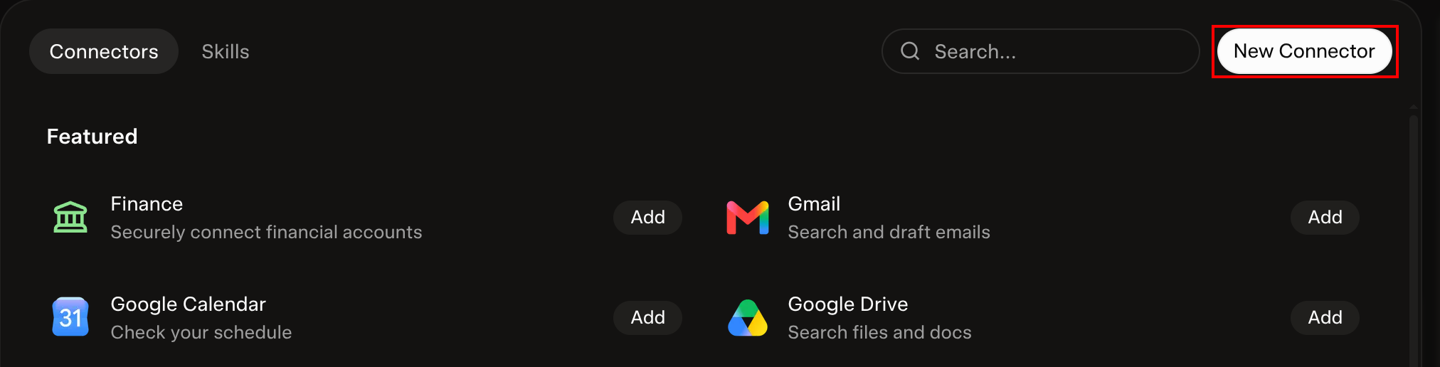 The New Connector button on the Grok connectors page