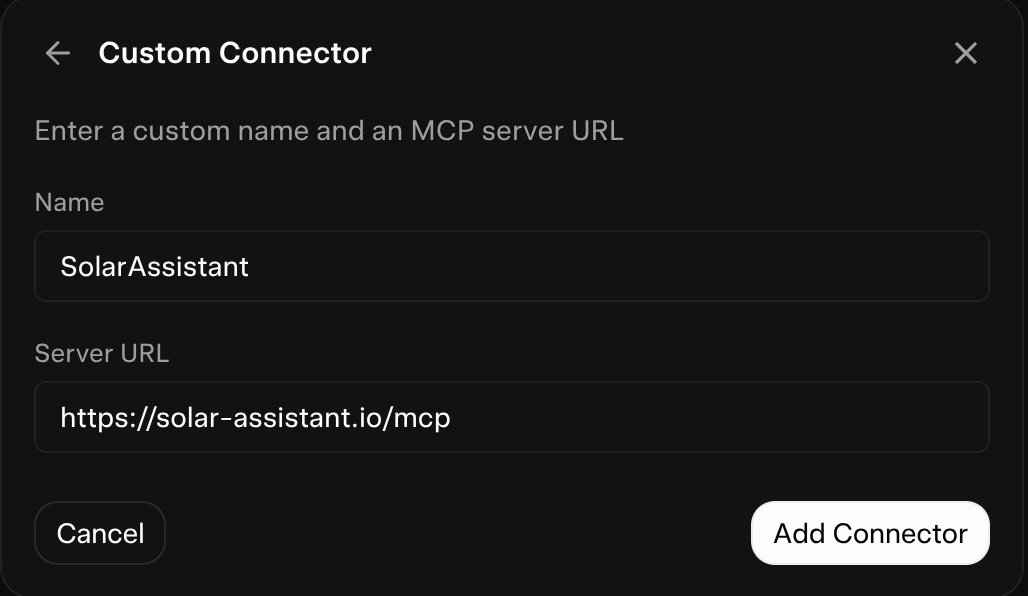 The Custom Connector form with the SolarAssistant name and server URL filled in