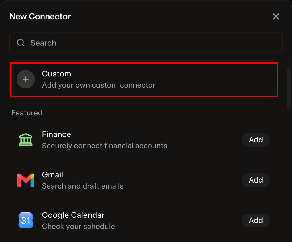 The Custom option at the top of the New Connector dialog