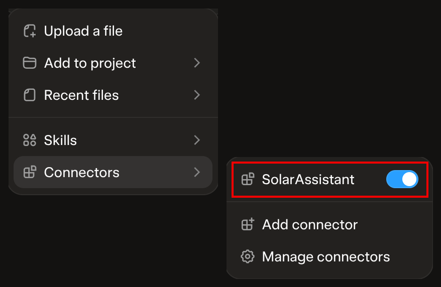 The SolarAssistant connector switched on in the menu next to the Grok message box