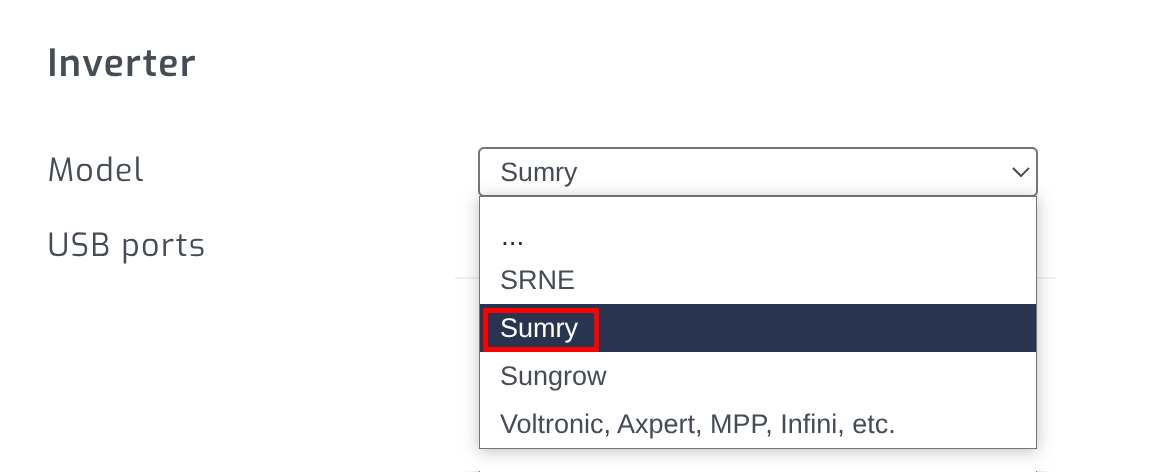 SolarAssistant Sumry inverter selection
