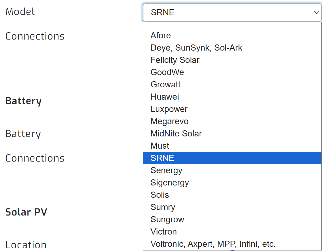SolarAssistant SRNE inverter selection