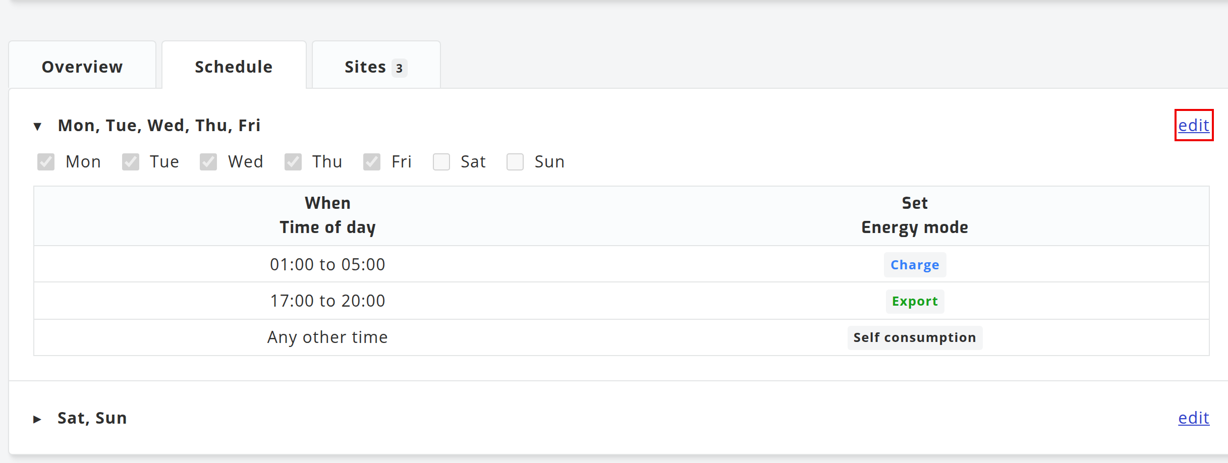 Weekday section of the schedule