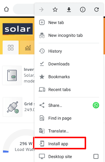 Android context menu from SolarAssistant site