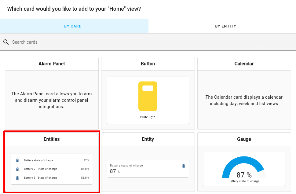 Add entities card to Home Assistant dashboard