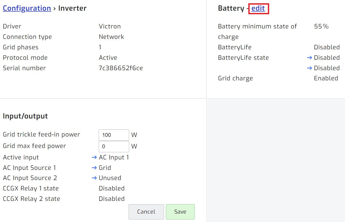 Edit inverter setting