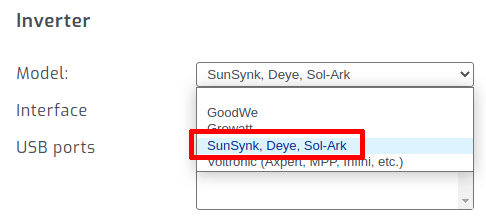 SolarAssistant SunSynk inverter selection