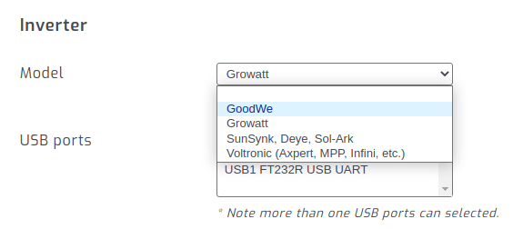 SolarAssistant Growatt inverter selection