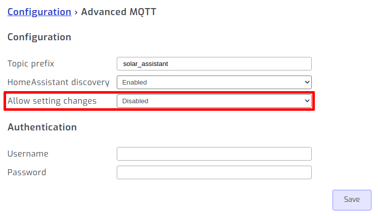 Disable MQTT setting changes in SolarAssistant