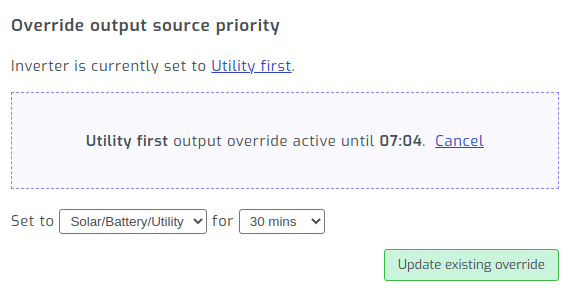 Output source override active in SolarAssistant